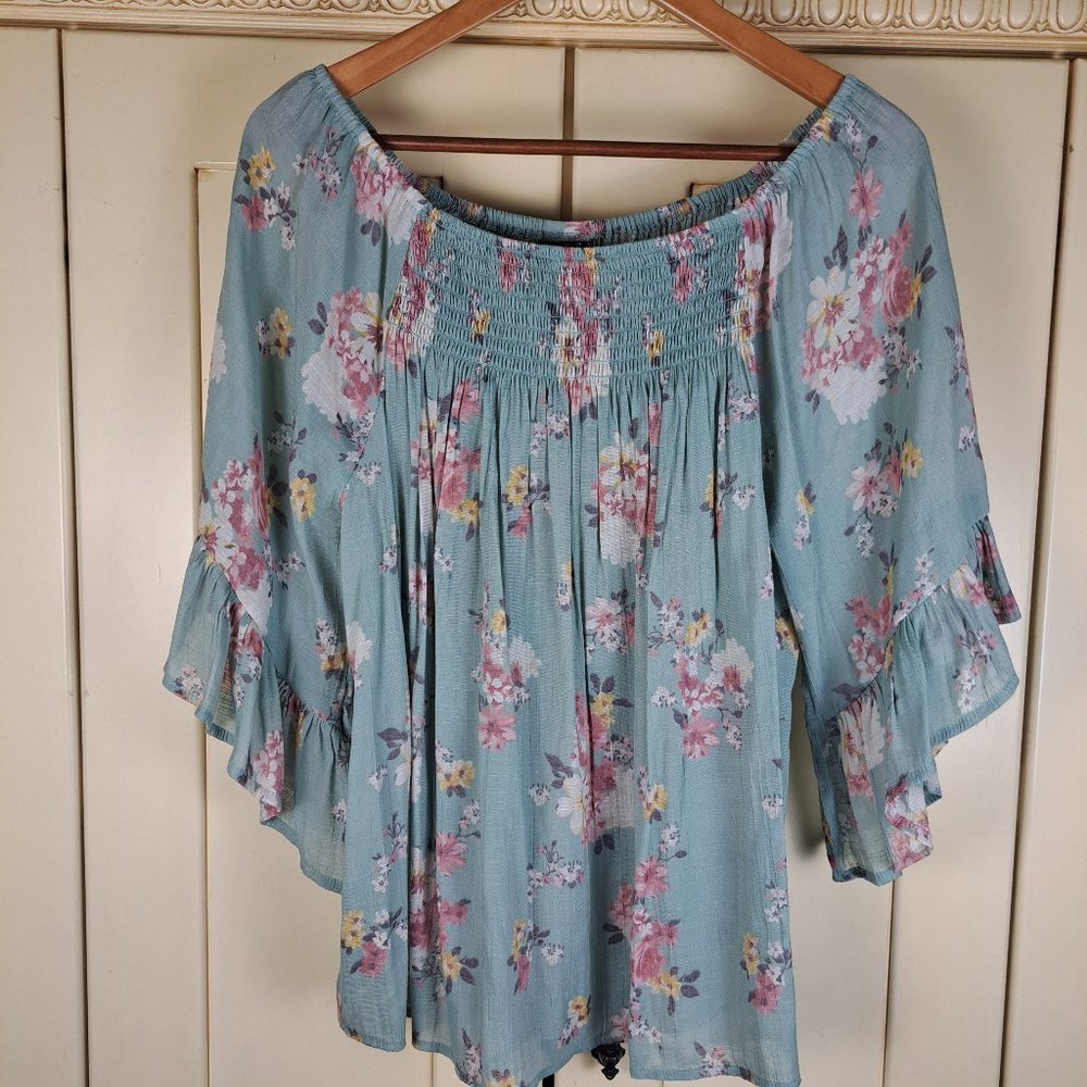MOD Lusive Women's Floral Green 3/4 Ruffle Sleeve Blouse Boho Size Large